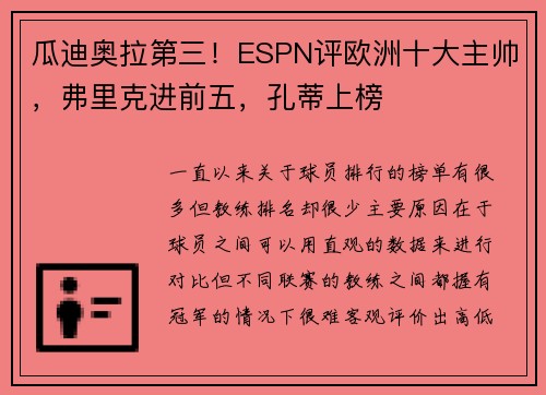 瓜迪奥拉第三！ESPN评欧洲十大主帅，弗里克进前五，孔蒂上榜